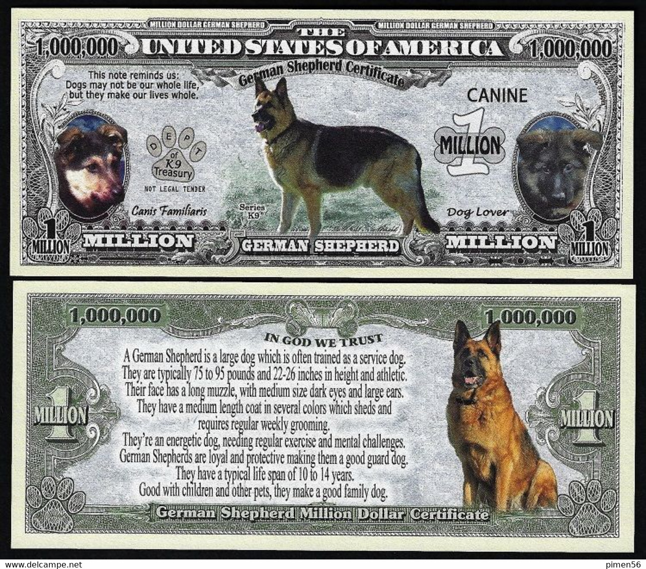 !!! USA - FANTASY NOTE -  GERMAN  SHEPHERD  CERTIFICATE , 2016 - UNC / SERIES  K 9 - Other & Unclassified