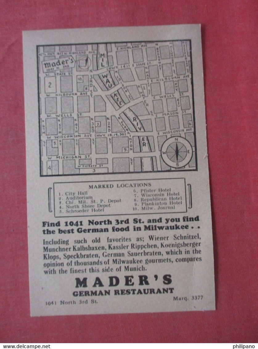 Map Mader's German Restaurant   - Wisconsin > Milwaukee > >  Ref  4727 - Milwaukee