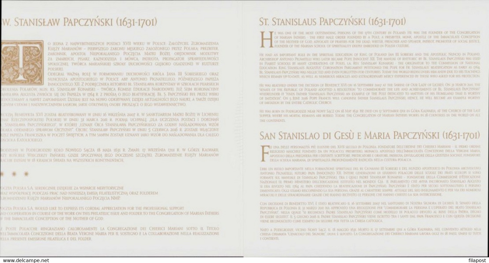 2016 Poland Mi 4840 Booklet / Canonisation Of Father Stanislaus Papczynski Catholic Priest / FDC + Stamp MNH** FV - Booklets