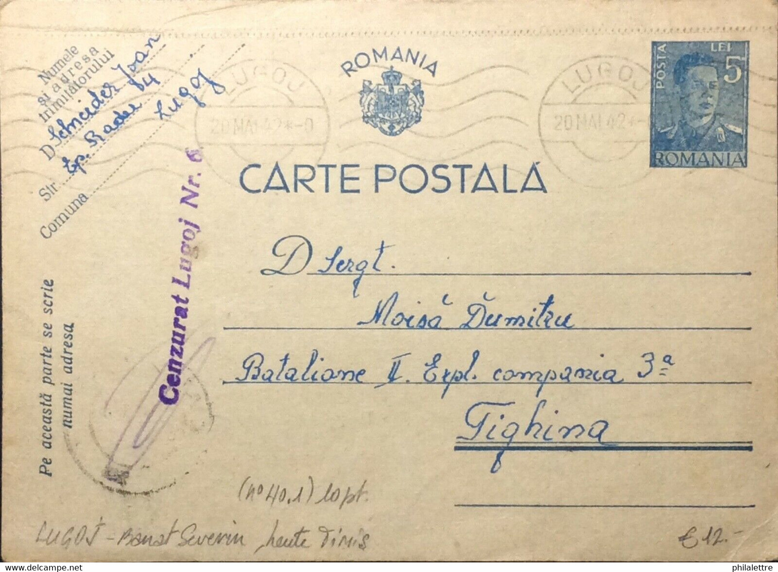 ROUMANIE / ROMANIA 1942 (20/05) "Cenzurat Lugoj Nr.6" (Timis) On Postal Card - Brieven En Documenten