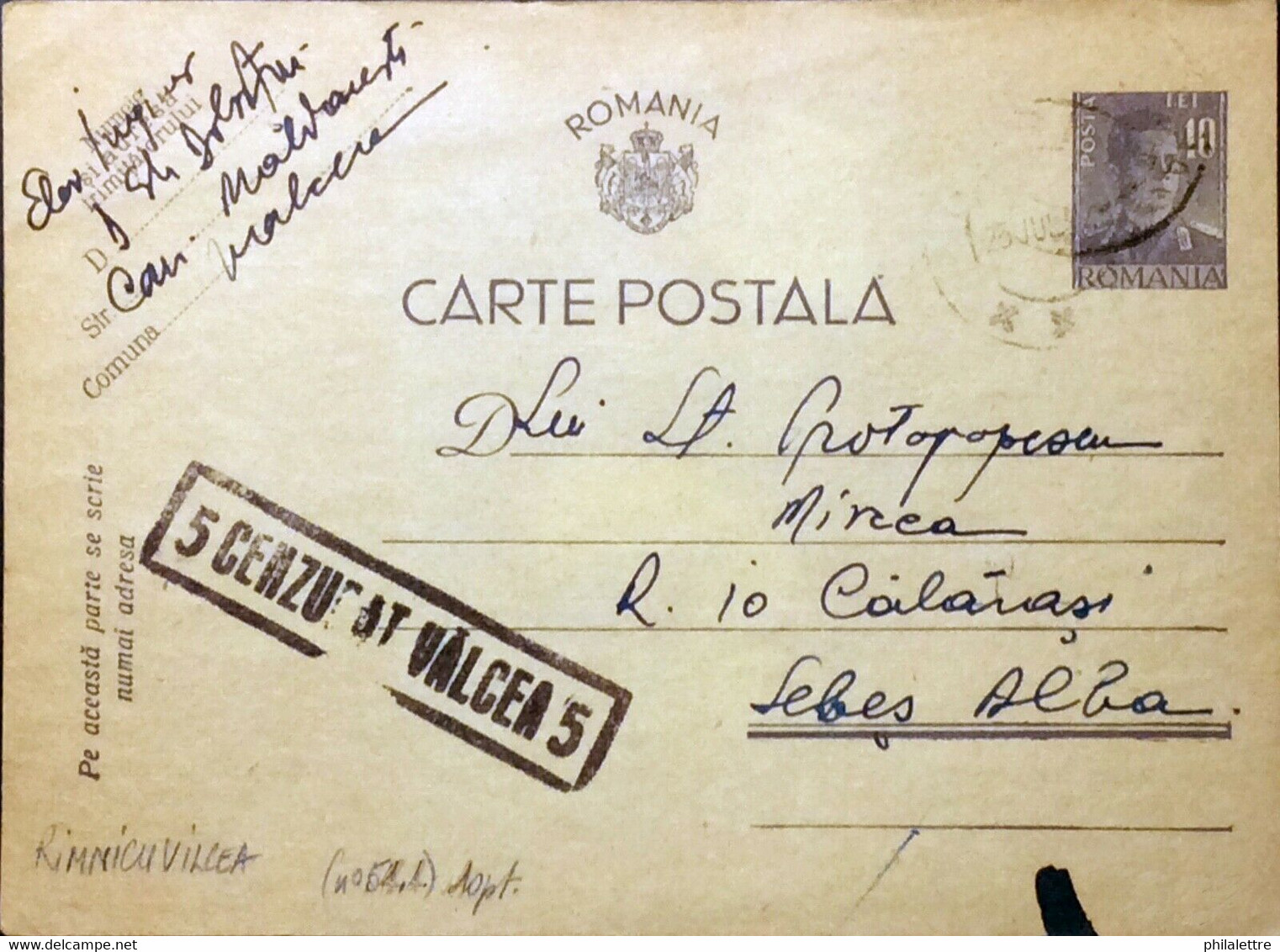 ROUMANIE / ROMANIA 1943 (25/07) "5 Cenzurat Valcea 5" (Rimnicu Vilcea) On P.Card - Covers & Documents