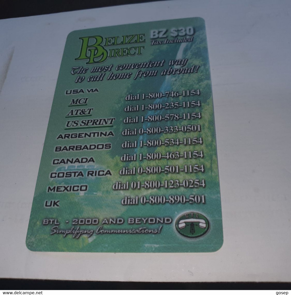 Belize-(BZ-BLT-PRE-008)-(3)-DIRECT-(bz$30)-(501-665-8502)-used Card+1card Prepiad/gift Free - Belice
