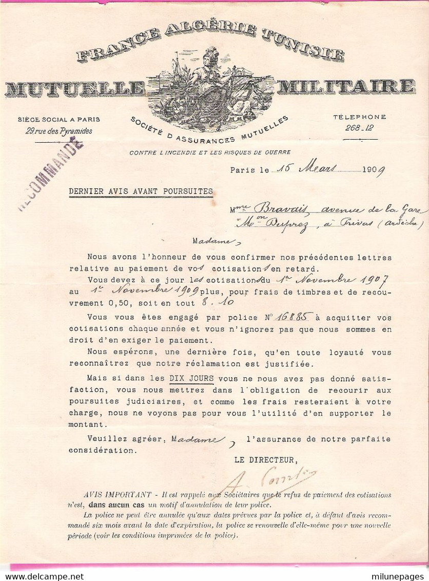 Lettre En-Tête Mutuelle Militaire France Algérie Tunisie Belle Vignette Thème Marine 1909 - Bank En Verzekering