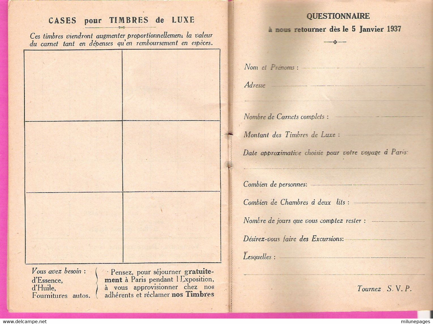 Carnet Collecteur Pour Permettre De Se Rendre à L'Exposition Paris 1937 Système De Timbre Escompte Publicités - Advertising