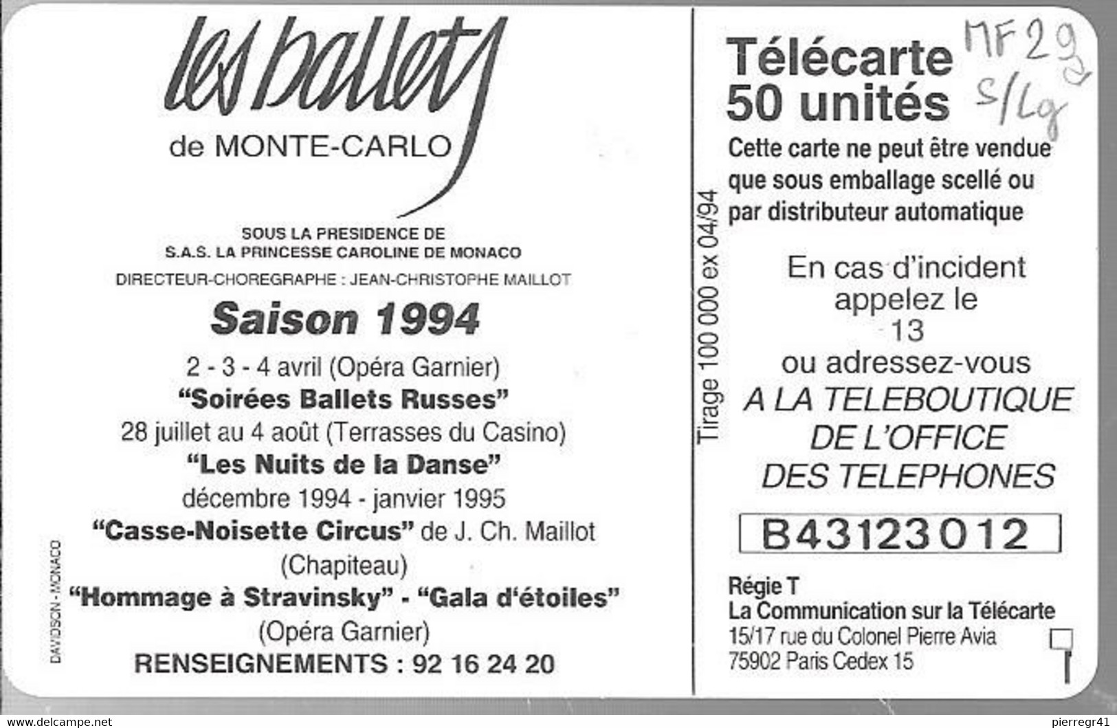 CARTE²-PUBLIC-MONACO-50U-MF29a-GEM A-04/94-BALLETS De MONTE CARLO-V°SANS 2é Logo-Série B43123012-UTILISE-TBE-RARE - Monaco