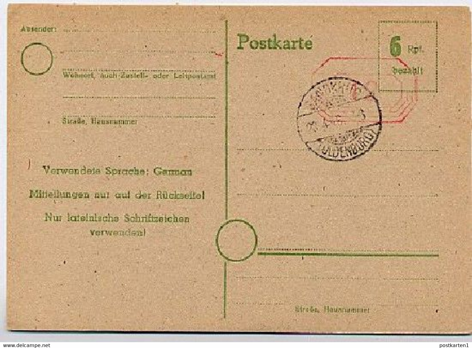 Notausgabe P B01I Postkarte OLDENBURG Sandkrug 1946 Kat. 20,00 € - Nooduitgaven Britse Zone