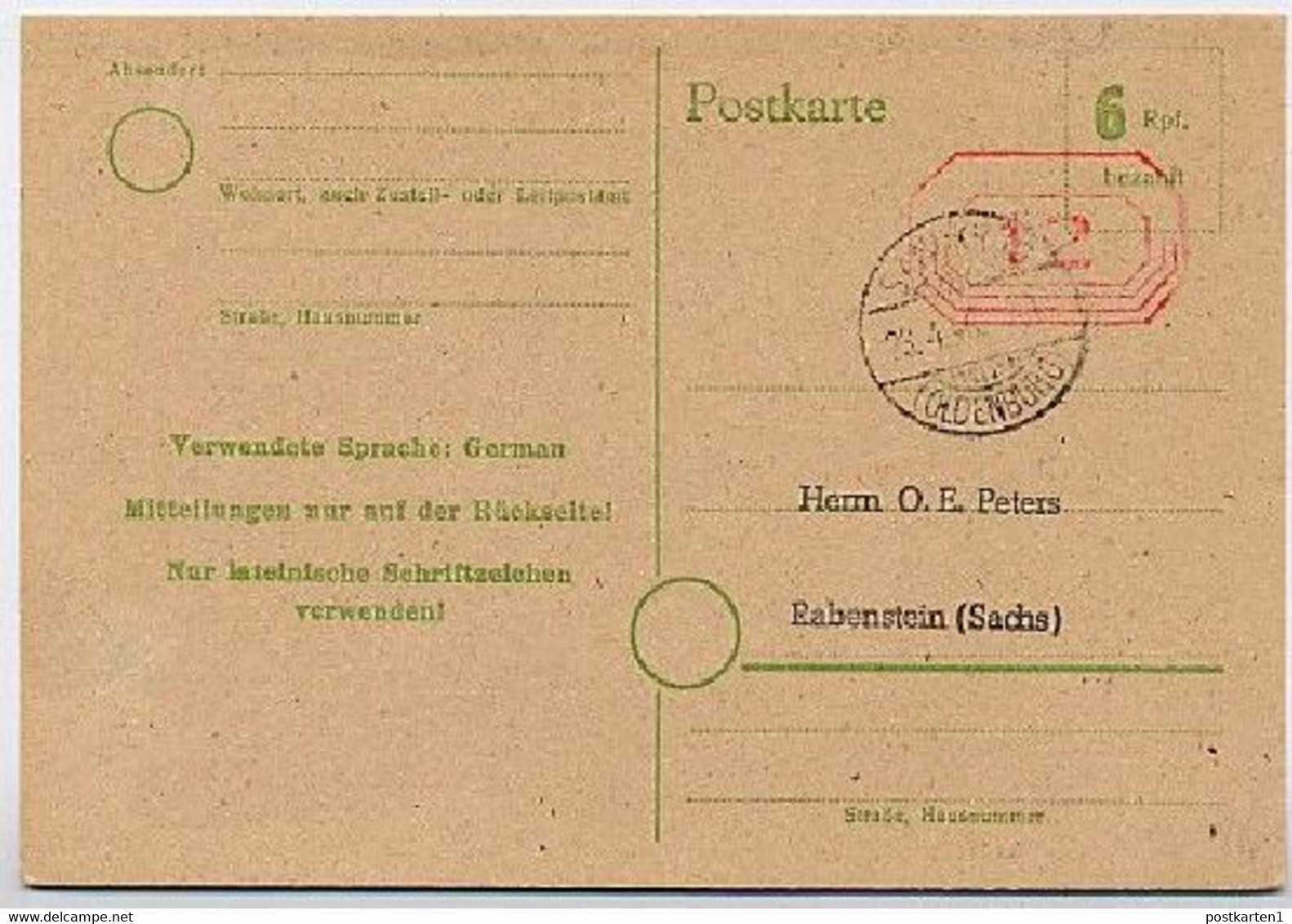 Notausgabe P B01 II Postkarte OLDENBURG Sandkrug 1946 Kat. 20,00 € - Emissions De Nécessité Zone Britannique
