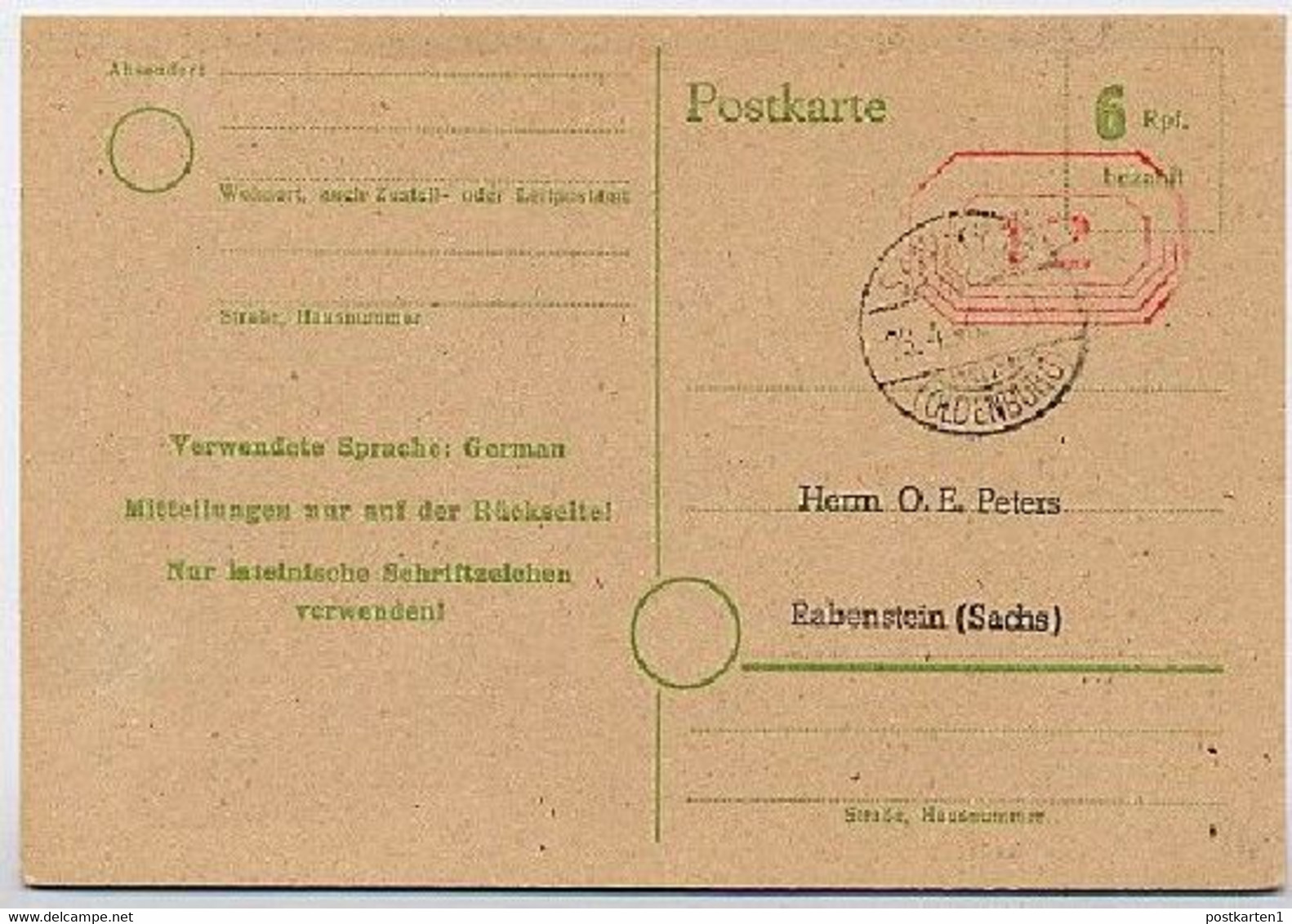 Notausgabe P B01 II Postkarte OLDENBURG Sandkrug 1946 Kat. 20,00 € - Emergency Issues British Zone