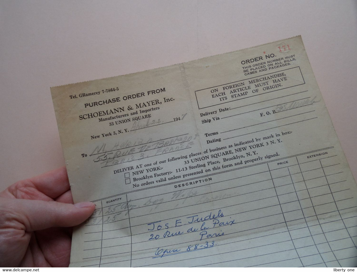 Purchase Order From SCHOEMANN & MAYER Inc Union Square NEW YORK U.S.A. ( Paris / France ) 1947 ( See Photo Scan ) ! - United States