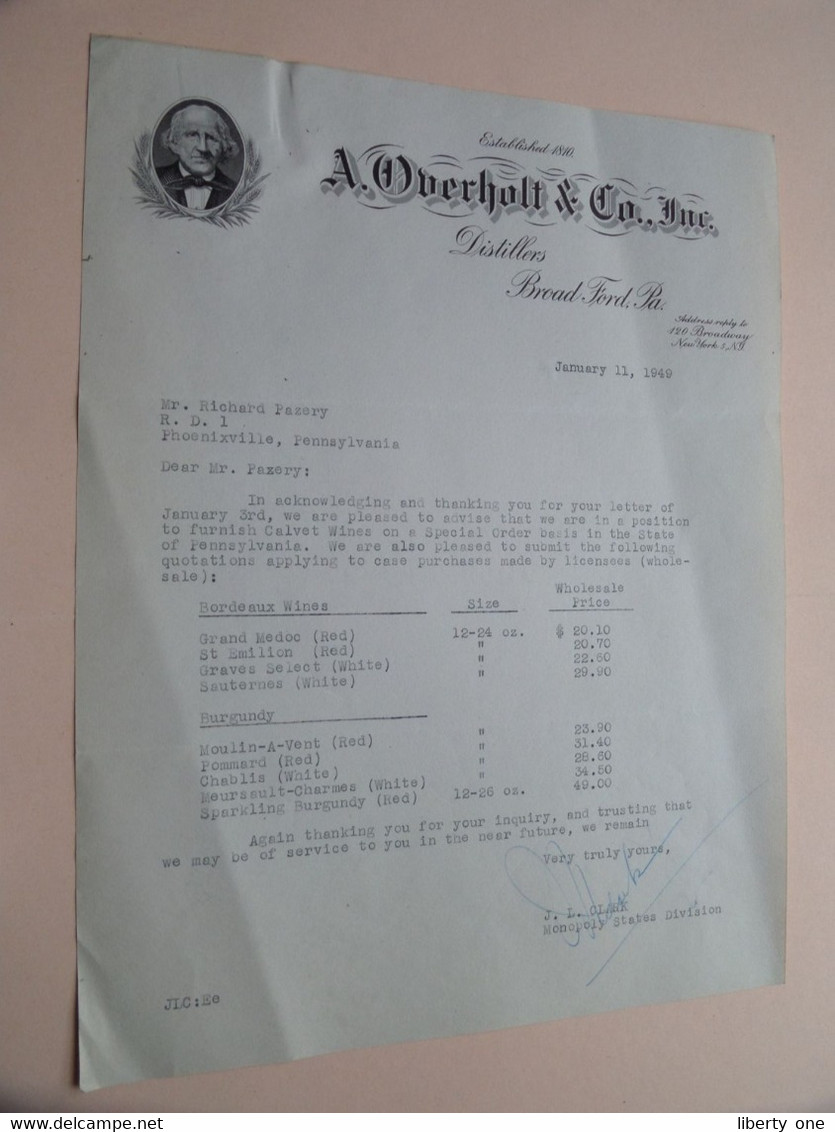 J. CALVET & Cie SELECT WINES of BORDEAUX and BURGUNDY ( OVERHOLT / PAZERY / CONARDINS ) 1949 ( Invoice & Folder ) !