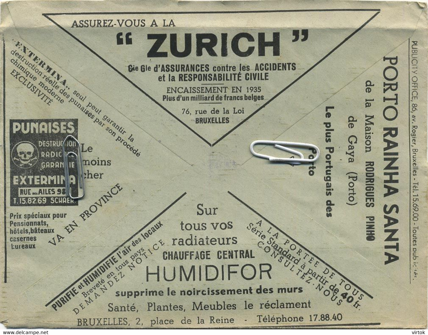 Old Envelope With Publicité: ZURICH Assurance - Punaises Extermina-Porto Rainha Santa-chauffage Central - Verso Olivetti - Omslagen