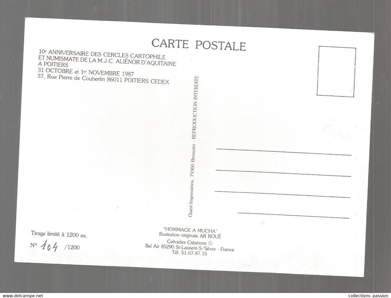 Cp, Bourses & Salons De Collections, 86,Poitiers , 10 E Bourse Des Collectionneurs,1987,Mucha ,2 Scans, N° 104/1200 EX. - Bourses & Salons De Collections