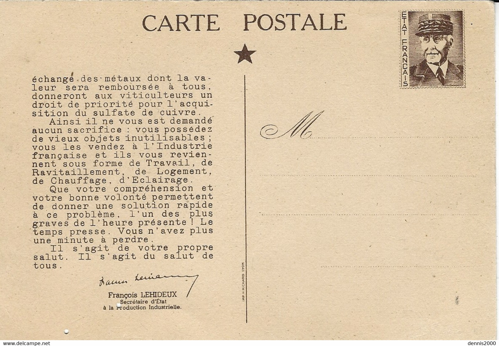 1941- Carte Postale E P Pétain  Adressée Aux Français De Vichy Le 2 Nov. 1941 - Guerra De 1939-45