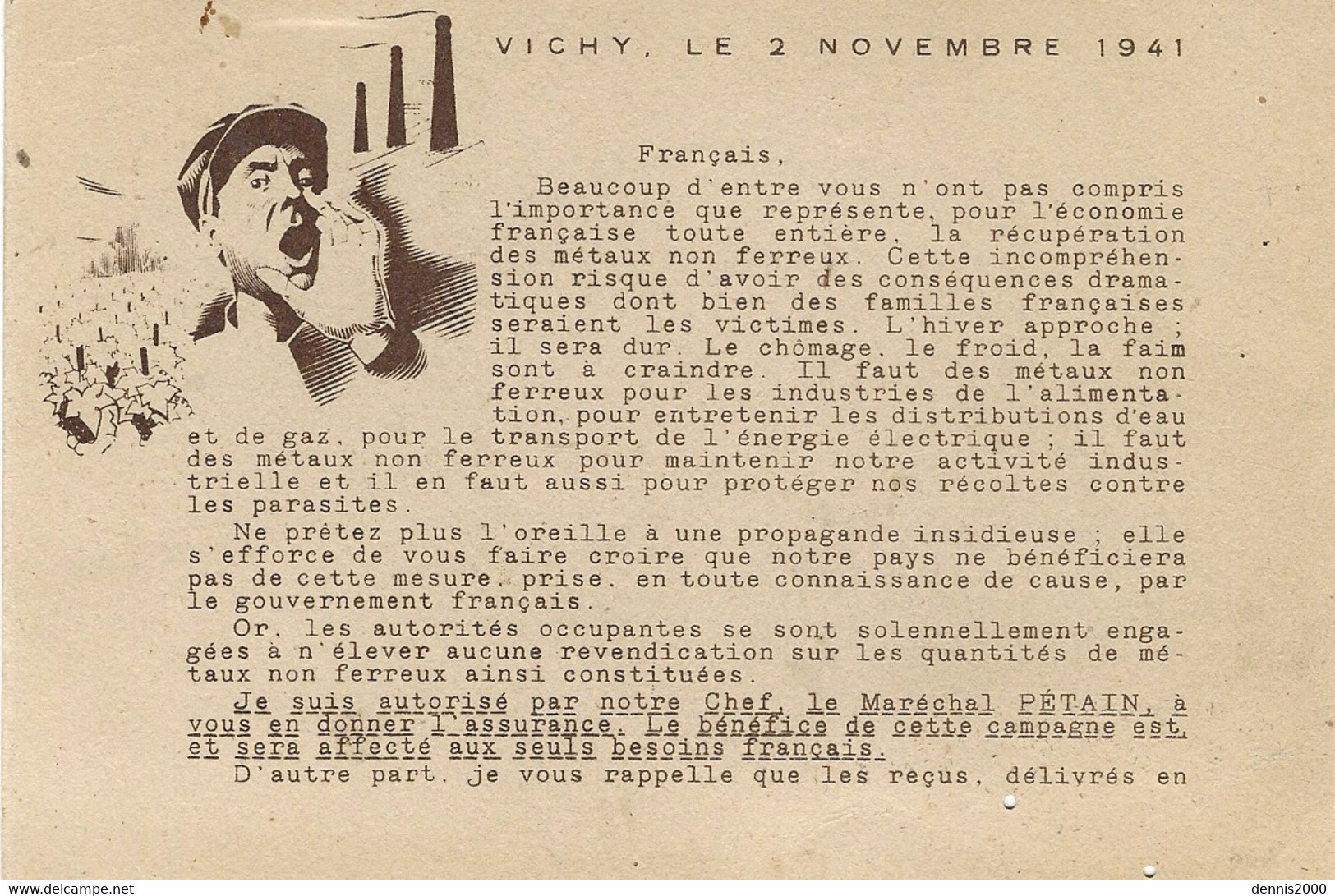 1941- Carte Postale E P Pétain  Adressée Aux Français De Vichy Le 2 Nov. 1941 - Guerra De 1939-45