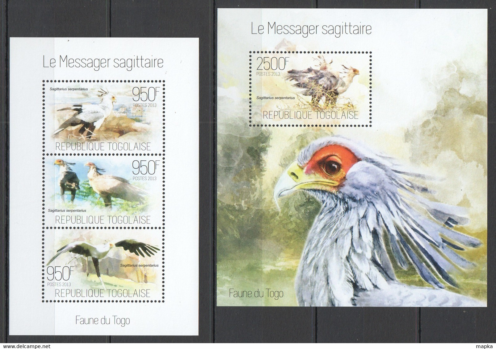 TG626 2013 TOGO TOGOLAISE FAUNA SECRETARY BIRDS LE MESSAGER SAGITTAIRE KB+BL MNH - Sonstige & Ohne Zuordnung