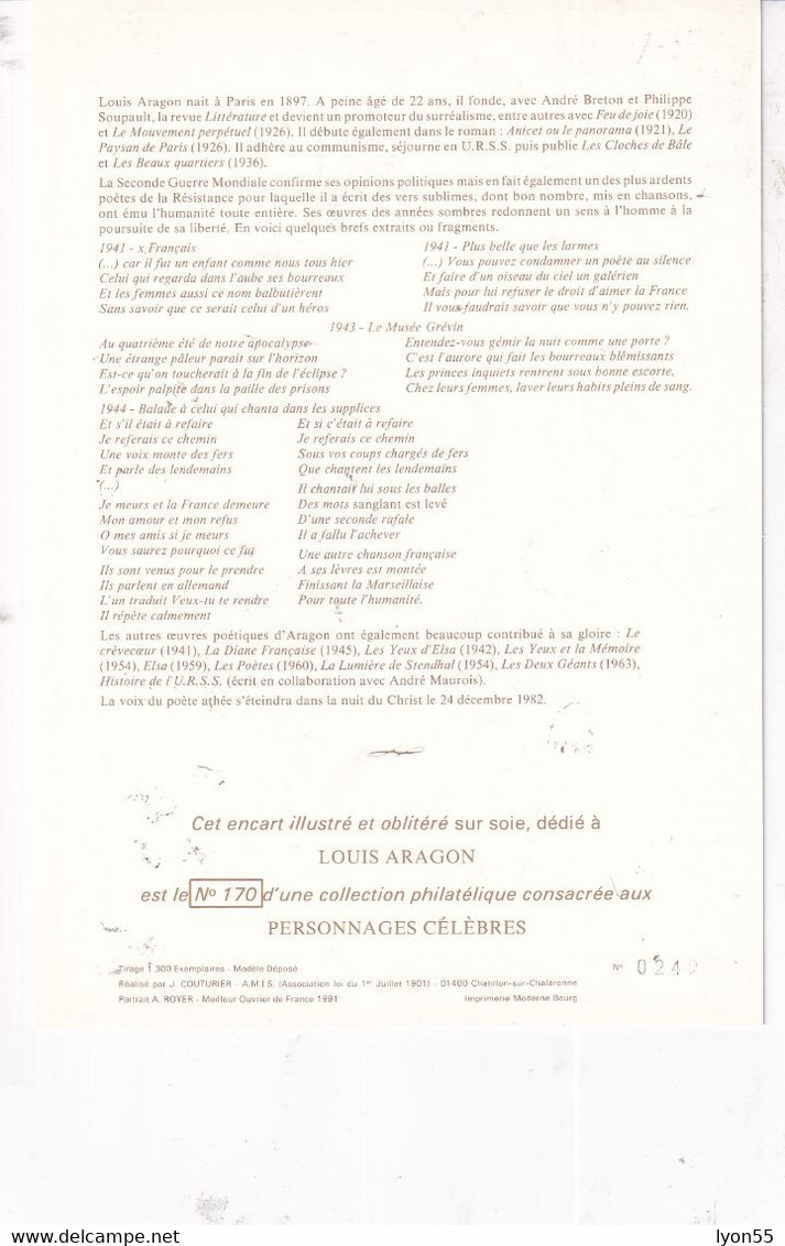 Louis Aragon 1992 Feuillet Illustré Sur Soie N°170 Collection Personnages Célèbres Numéroté 0249/ 1300 - 1990-1999