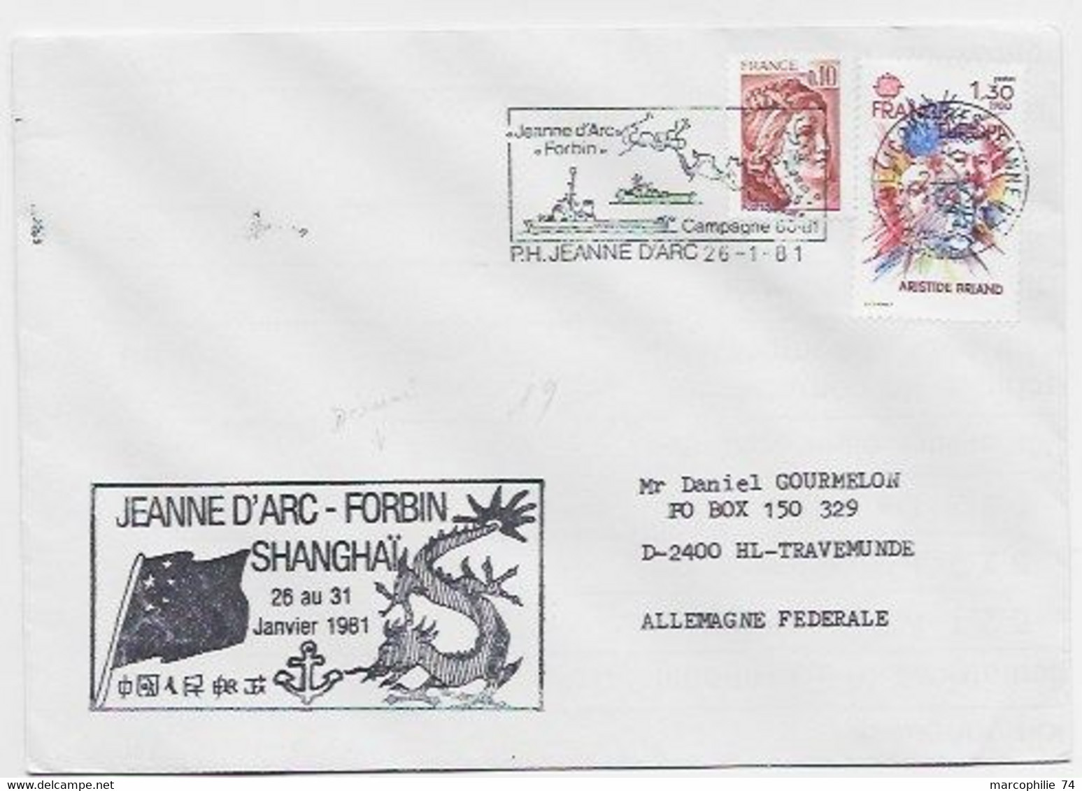 FRANCE LETTRE COVER PORTE HELICOPTERES JEANNE D'ARC 26.1.1981 FORBIN SHANGHAI CHINA - Seepost