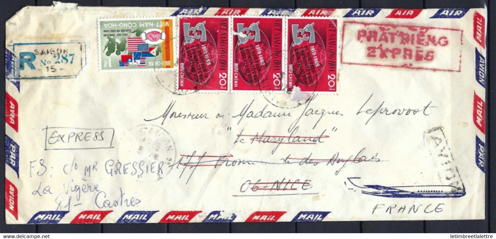 ⭐ Vietnam - Recommandée De Saigon - Avec Griffe Rouge Express - Par Avion - Lettre Réexpédiée - 1970 ⭐ - Vietnam