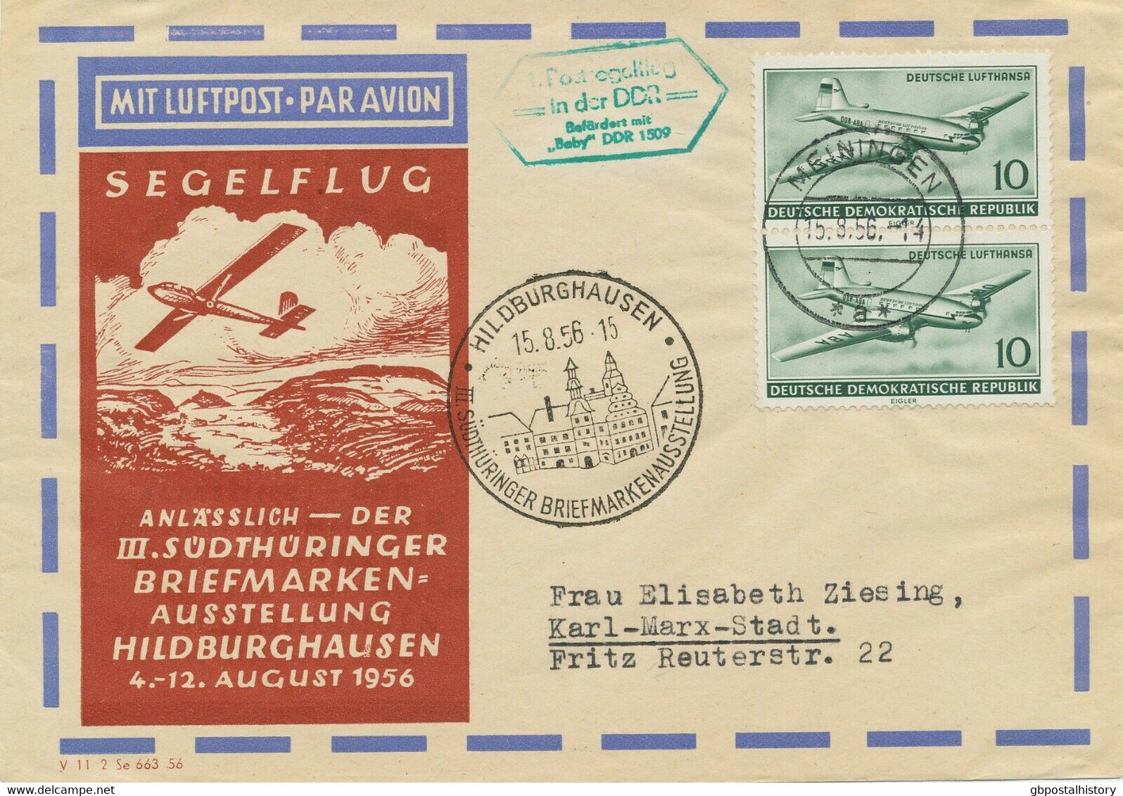 DDR 1956 1.Postsegelflug In Der DDR „MEININGEN – HILDBURGHAUSEN“ - BABY DDR 1509 - Cartas & Documentos