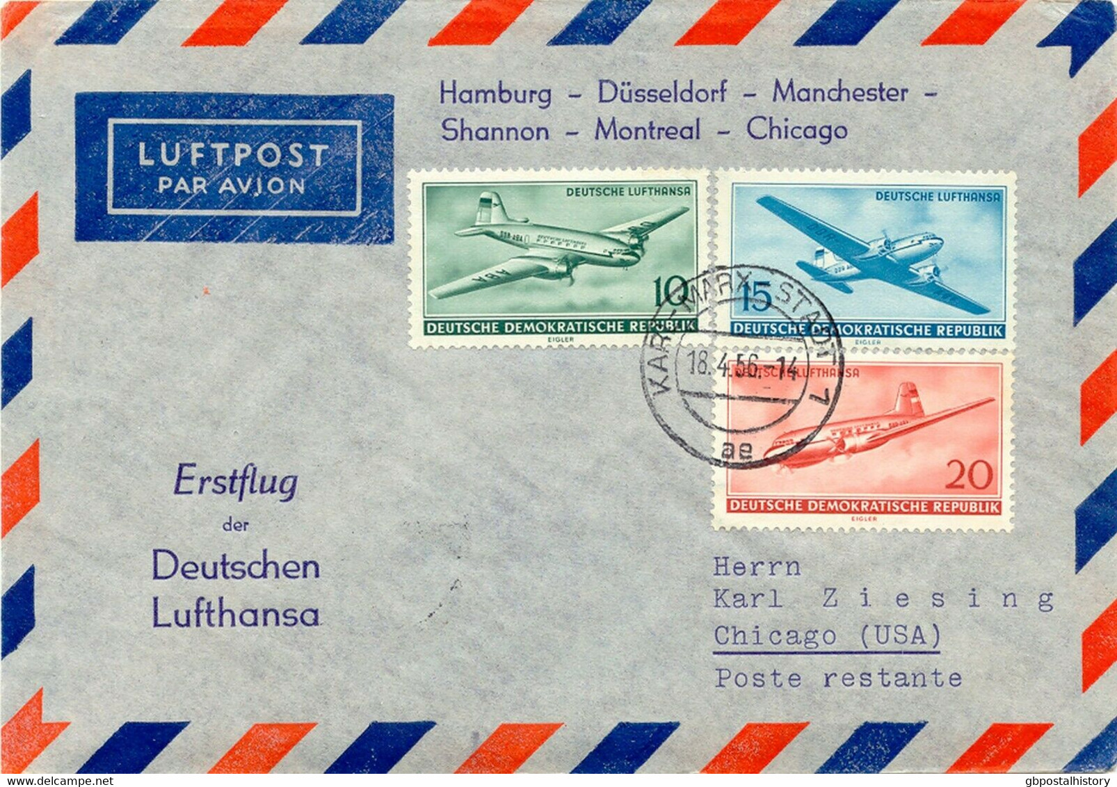 DDR 1956 Erstflug Deutsche Lufthansa M Superconstellation über Shannon N CHICAGO - Cartas & Documentos