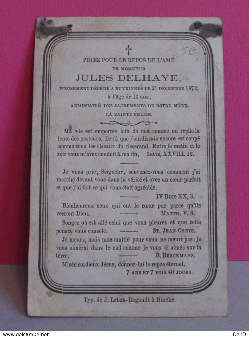 DELHAYE Jules   *1859  +1872 Buvrinnes A L'age De 13 Ans - Obituary Notices