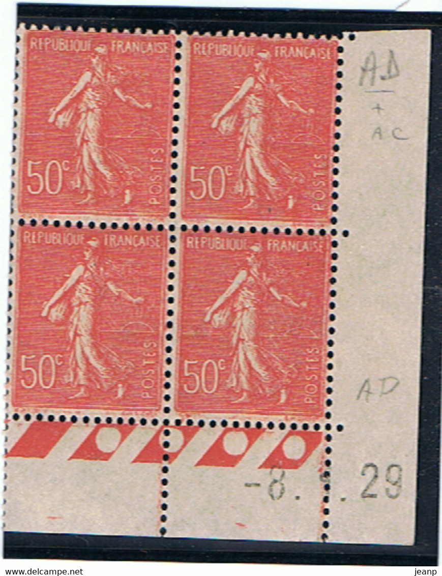 50c Semeuse Lignée Yvert 199, AD De AD+AC Du 8-1-29, ** - ....-1929