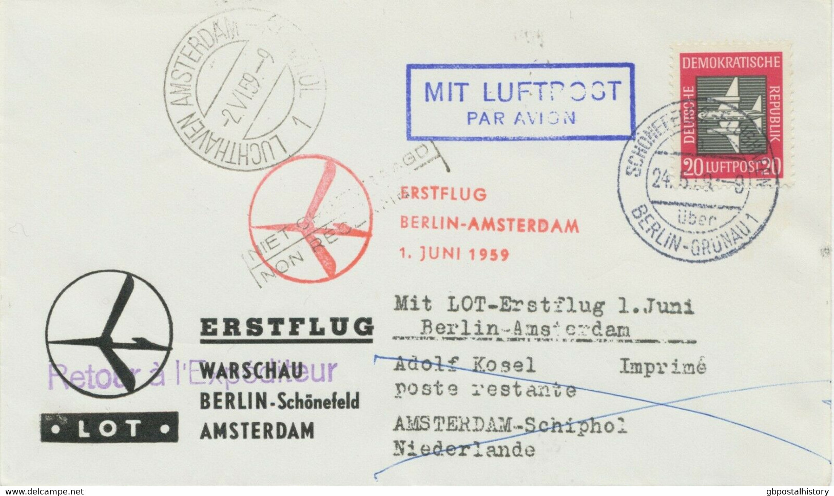 DDR 1959 Erstflug LOT „BERLIN-SCHÖNEFELD – AMSTERDAM“ Nur 600 Briefe Geflogen - Cartas & Documentos