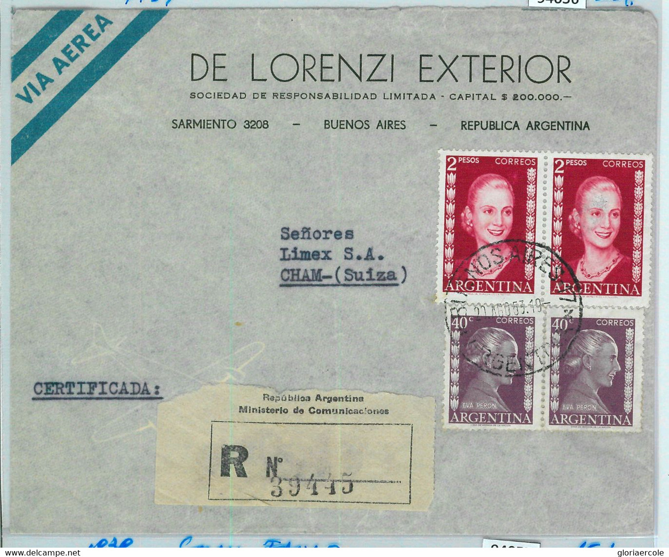 94056 - ARGENTINA - POSTAL HISTORY - REGISTERED COVER To SWITZERLAND 1953  Evita - Briefe U. Dokumente