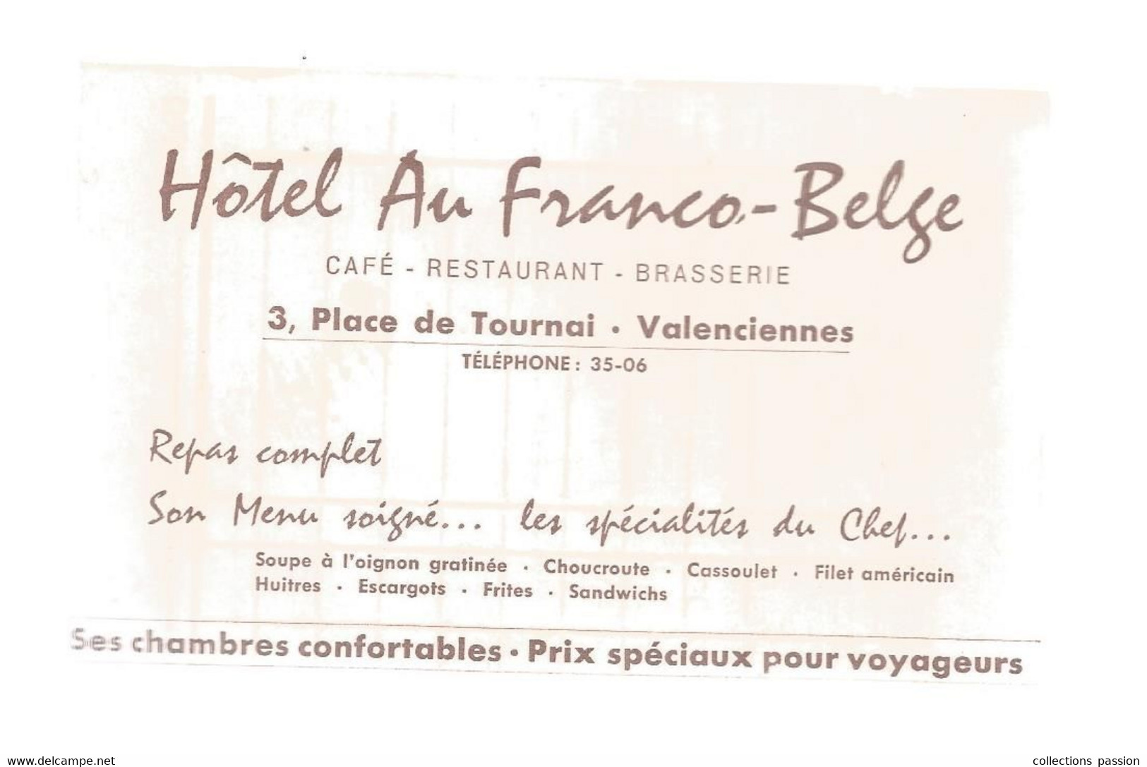 Carte De Visite , Note , HÔTEL AU FRANCO-BELGE , VALENCIENNES , 2 Scans - Tarjetas De Visita