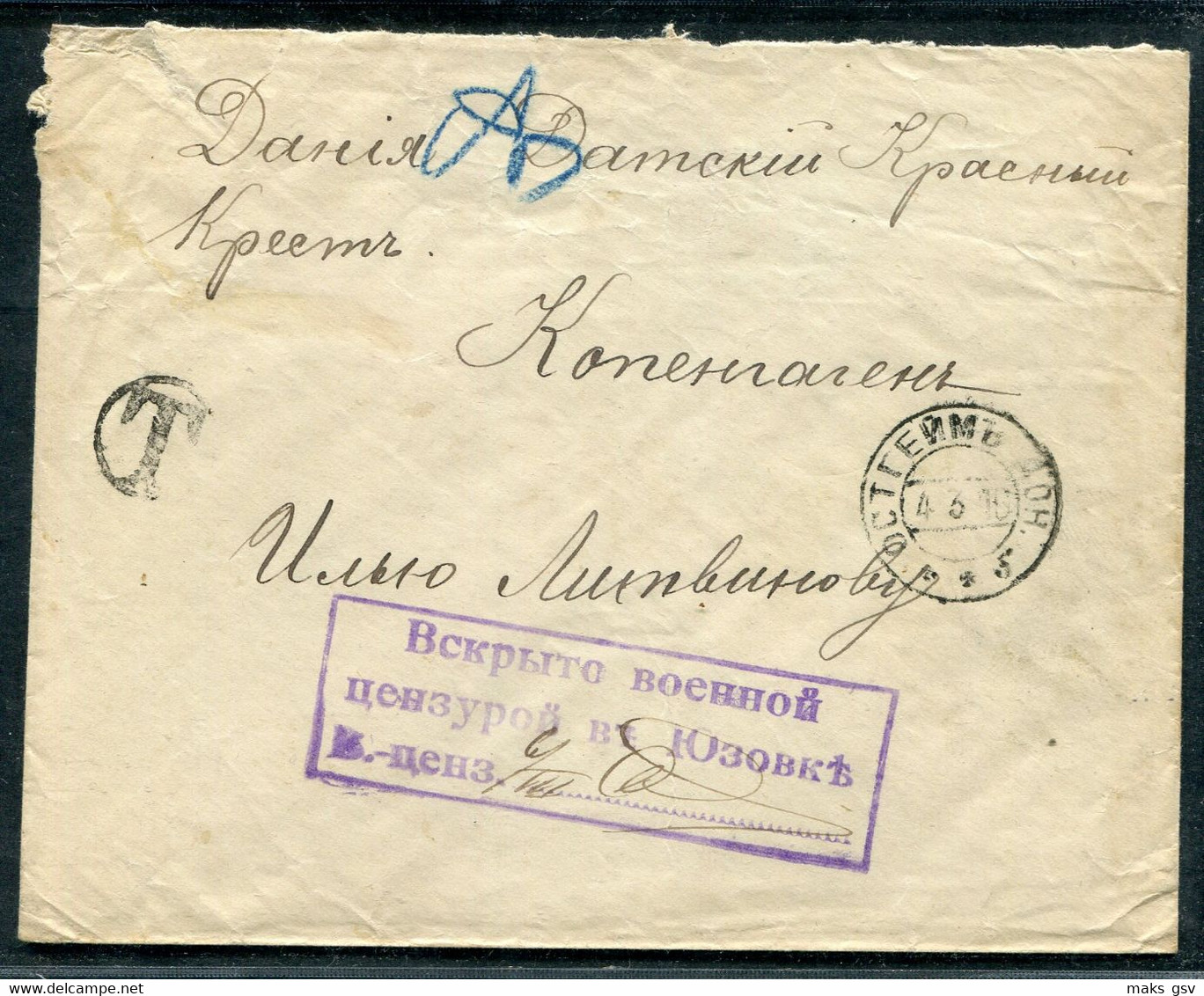 5004 GERMAN Colony In Russia Ostheim (now Telmanovo Donetsk Obl. Ukraine) Cancel 1916 Cover CENSOR Yuzovka To Denmark - Storia Postale
