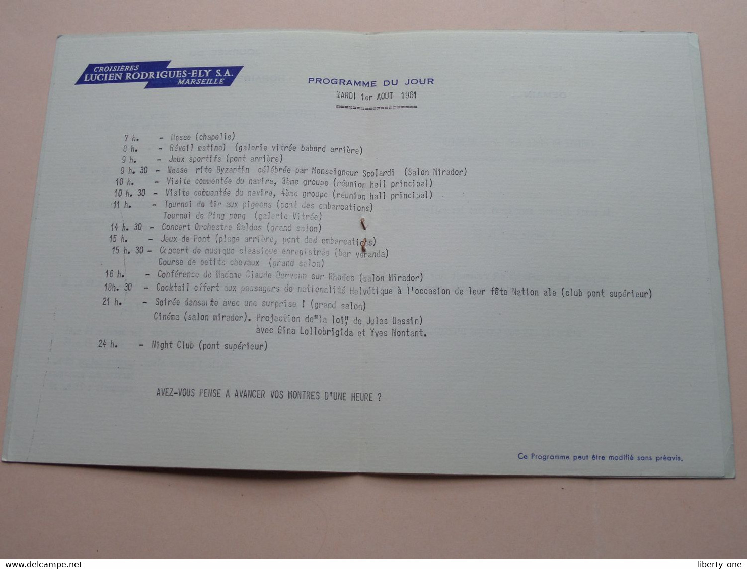 Linea YBARRA Croisières LUCIEN RODRIGUES-ELY Marseille ( Programme Du Jour ) 1 Aout 1961 ( Details Zie Foto ) ! - Programs