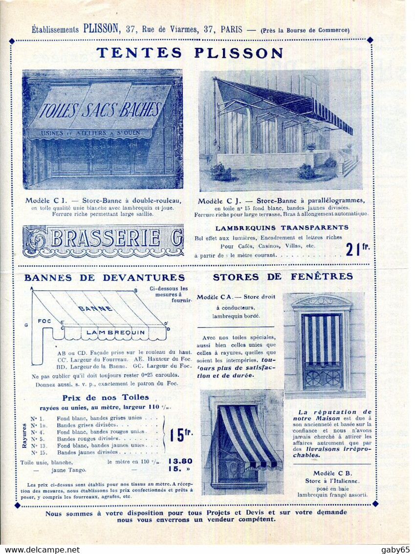 SAINT OUEN.BACHES.TOILES.SACS.CORDERIE.PLISSON 37 RUE DE VIARMES PARIS. - Non Classés