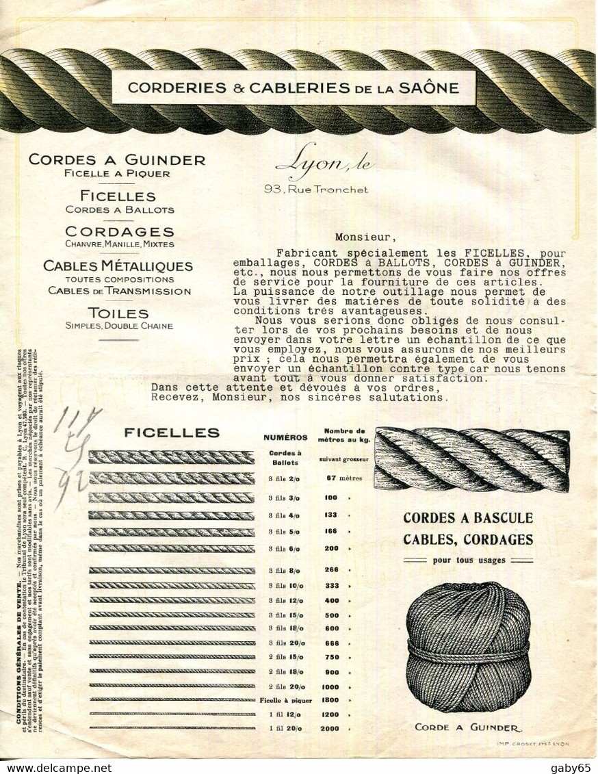 LYON.CORDES A GUINDER.FICELLES.CORDAGES.CABLES METALLIQUES.CORDERIES & CABLERIES DE LA SAÔNE 93 RUE TRONCHET. - Non Classés