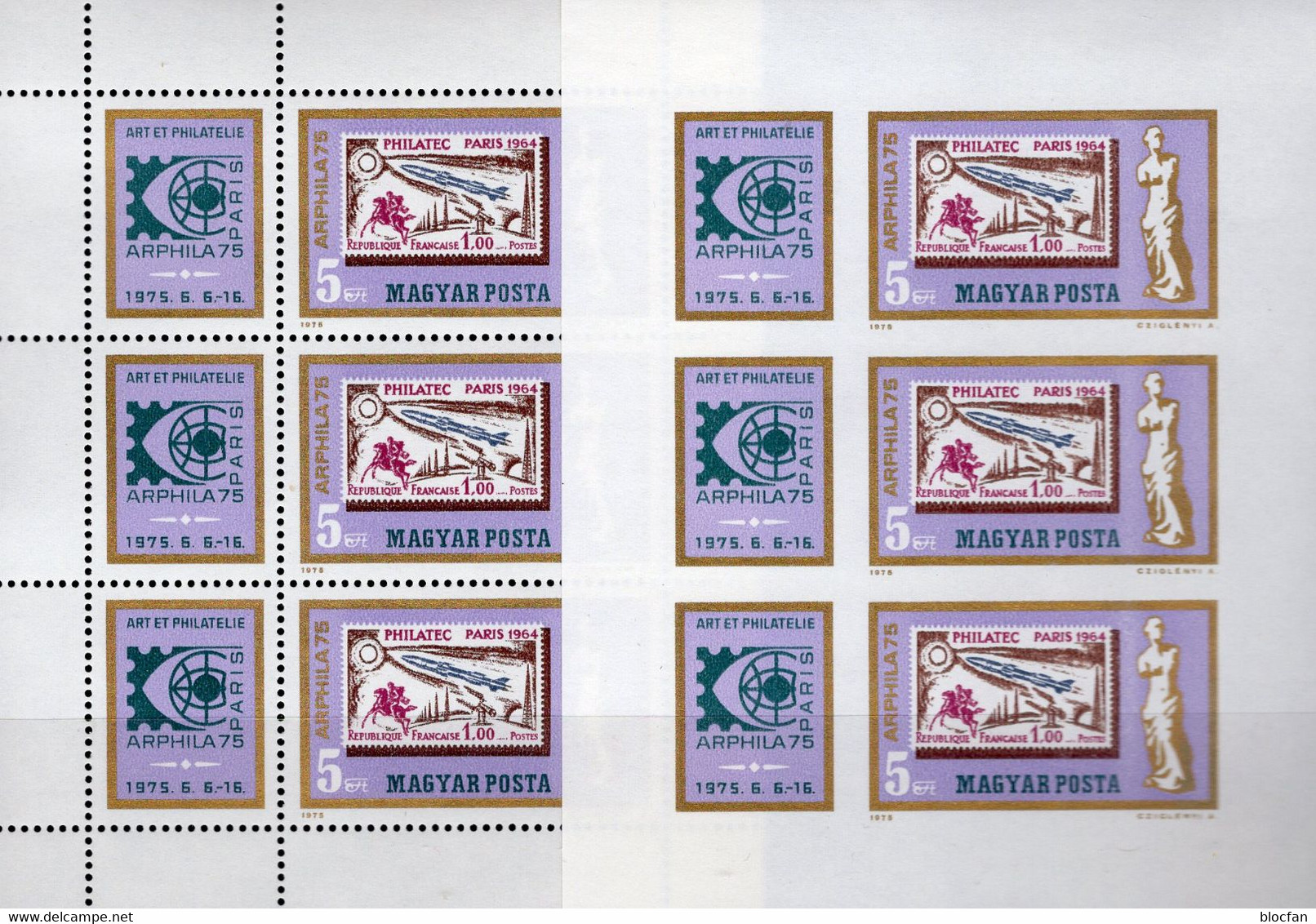 1975 Expo ARPHILA Paris Ungarn 3043 A+B 6-KB ** 42€ Imperf.stamp On Stamps F #1480 Philatelic Sheetlets Bf Hungaria - Perforiert/Gezähnt