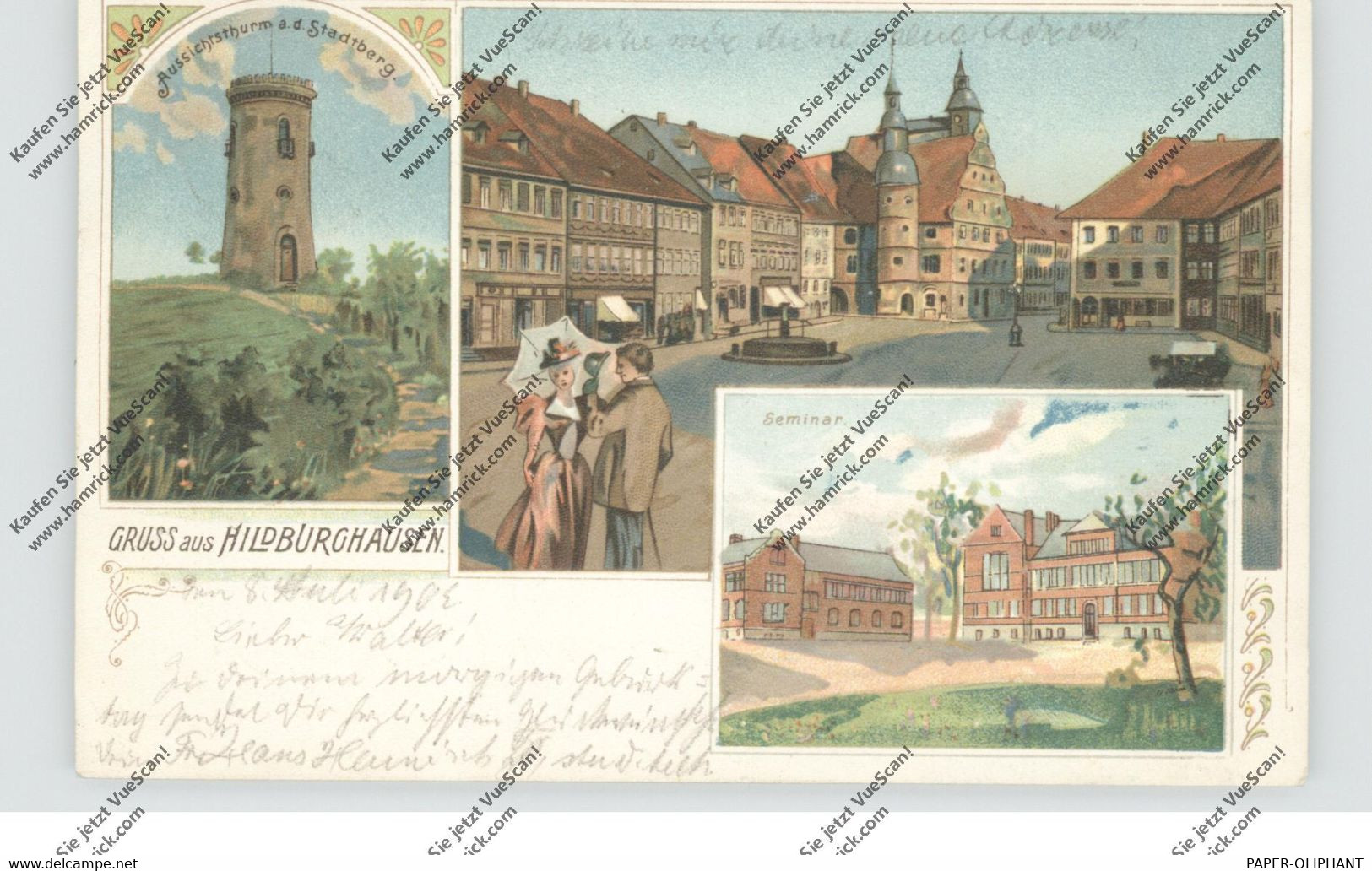 0-6110 HILDBURGHAUSEN, Lithographie, Seminar, Aussichtsthurm, Marktplatz - Hildburghausen