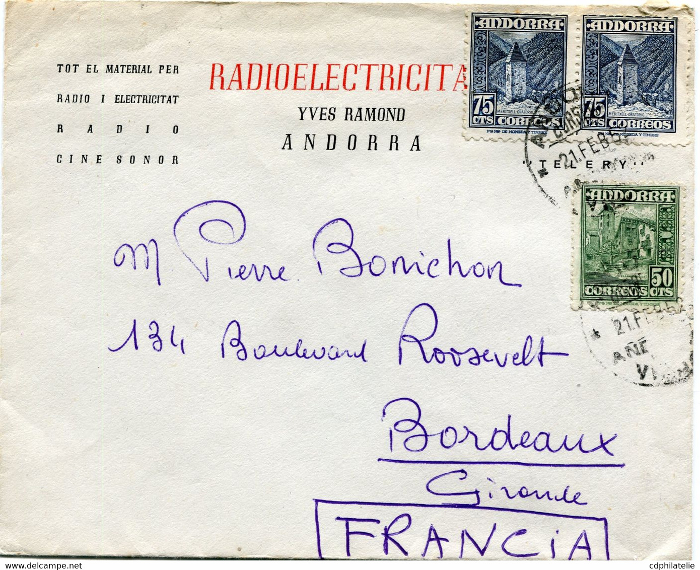 ANDORRE ESPAGNOL LETTRE DEPART ANDORRA 21 FEB 52 POUR LA FRANCE - Lettres & Documents