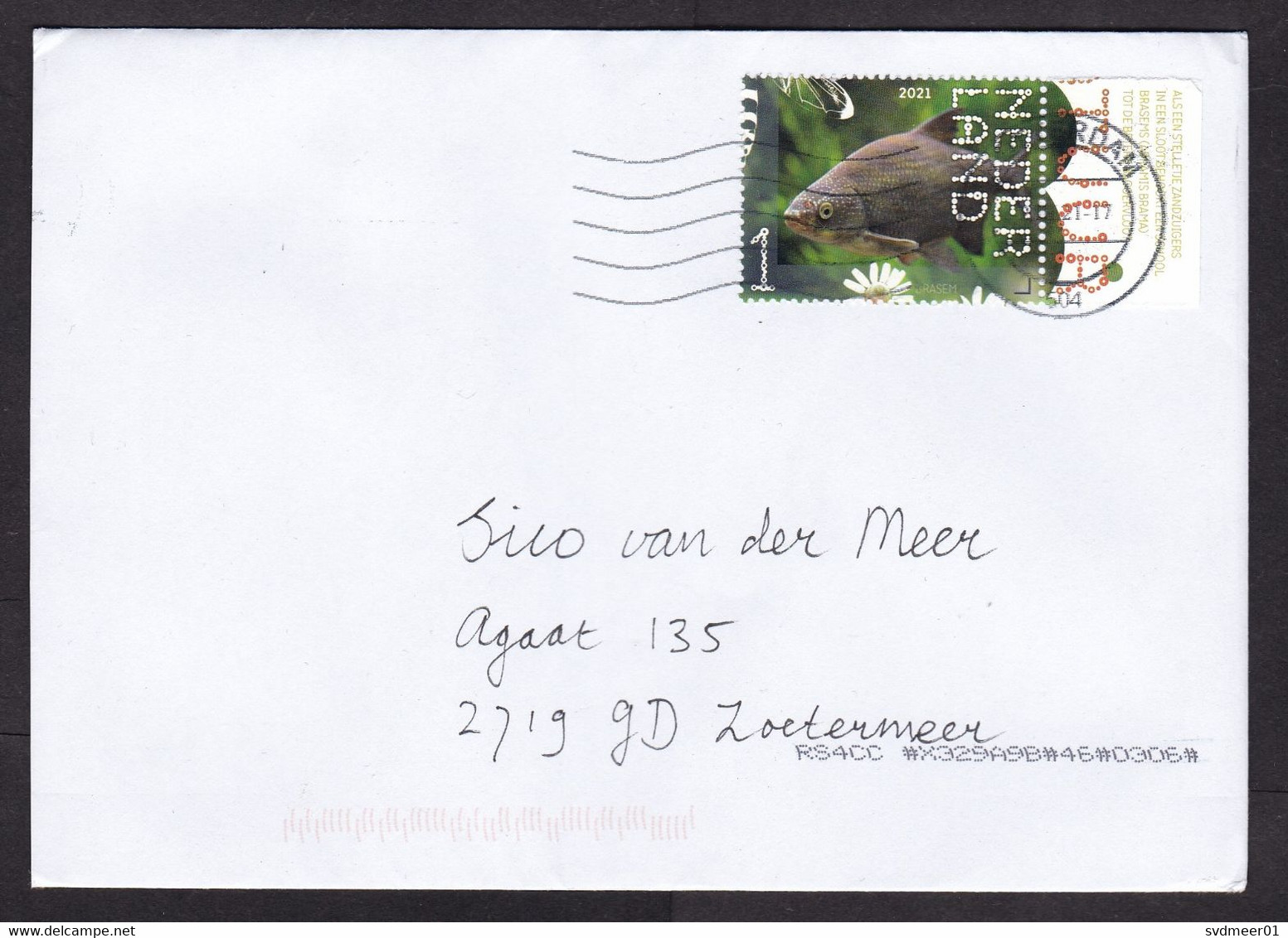 Netherlands: Cover, 2021, 1 Stamp + Tab, Bream Fish, Freshwater Animal (traces Of Use) - Lettres & Documents