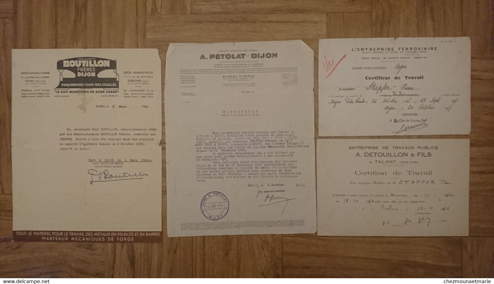 1940 A 1947 COTE D OR - STAPFER PIERRE NE DIJON 1929 - PETOLAT BOUTILLON DETOUILLON TRAIN - LOT 4 CERTIFICATS DE TRAVAIL - Documents Historiques