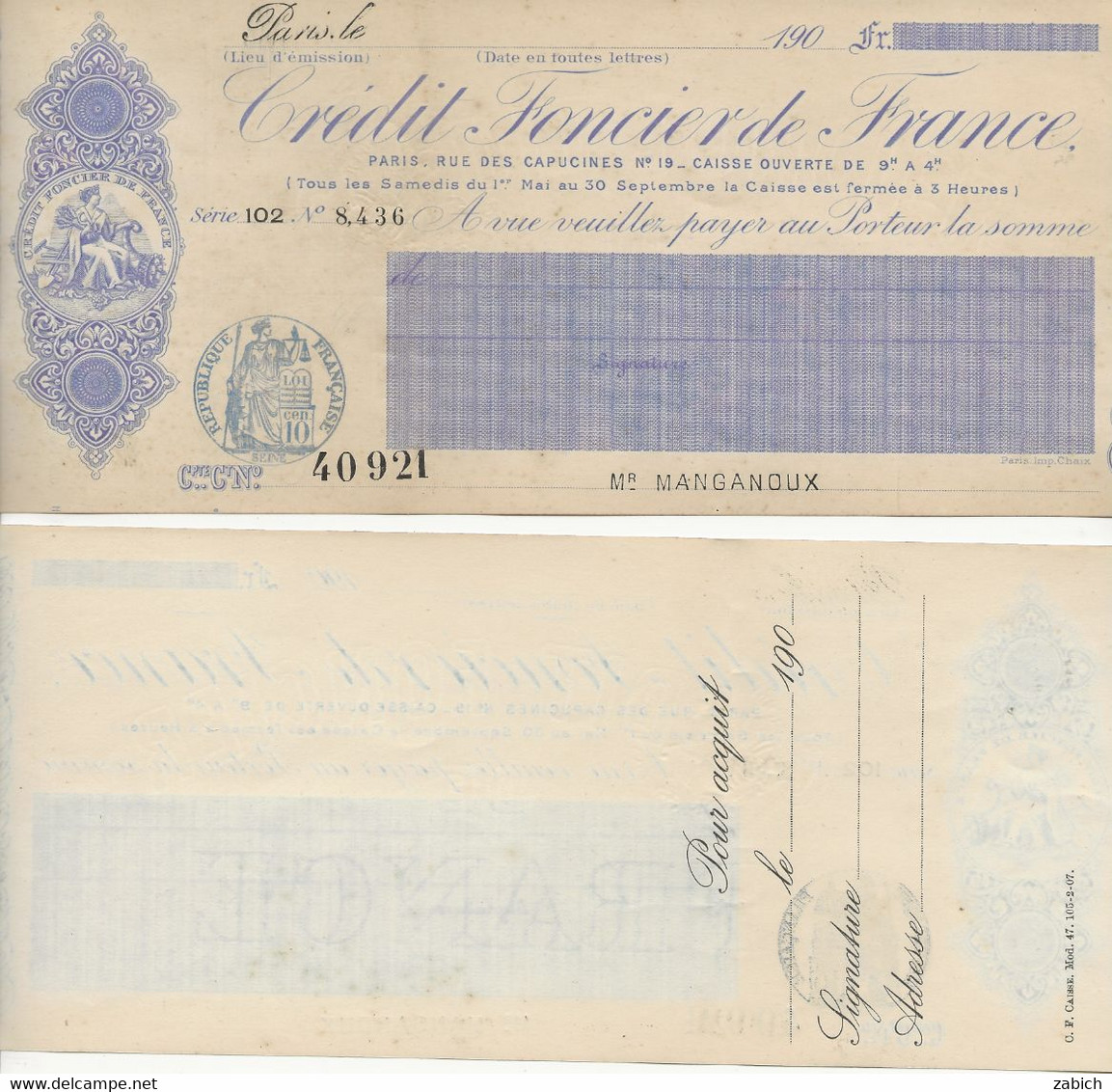 FISCAUX FRANCE 2 Cheques CREDIT FONCIER DE FRANCE  Timbre Humide 10 C ANNEES 1900 - Autres & Non Classés