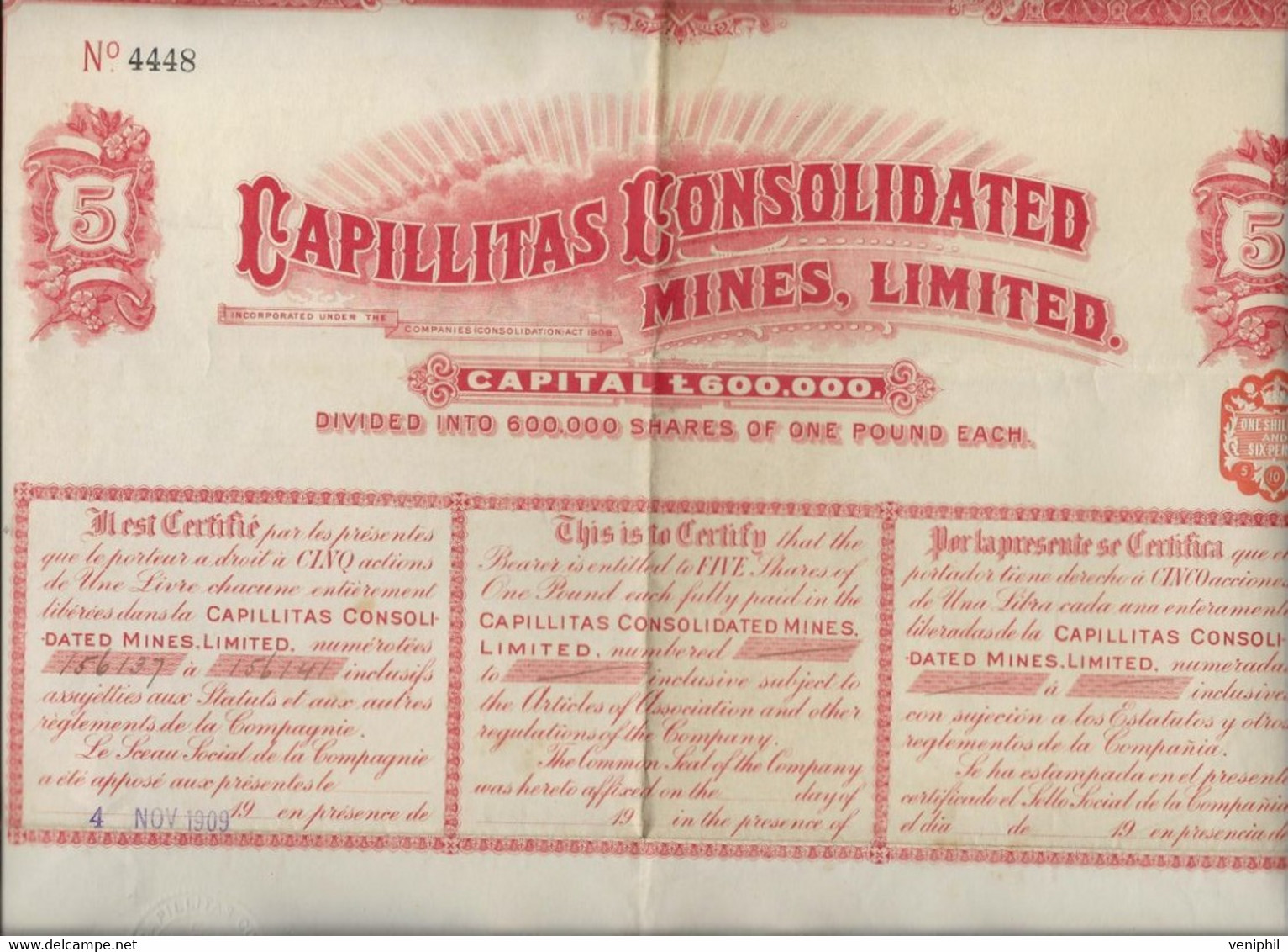 CAPILLITAS CONSOLIDATED MINES ,LIMITED -ANNEE 1909 - Mines