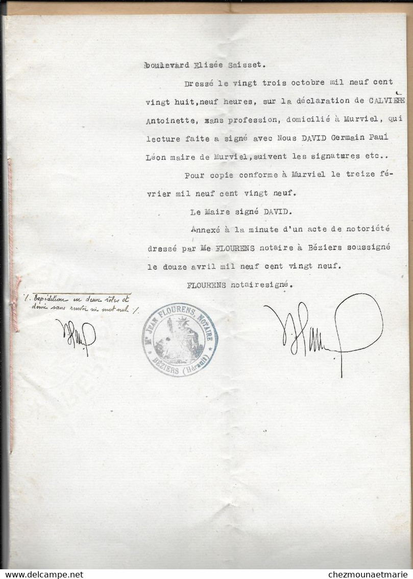 1929 BEZIERS - ACTE DE NOTORIETE APRES LE DECES DE JOSEPH MARIN JEAY MARECHAL FERRANT (MURVIEL) - Me FLOURENS - Documents Historiques