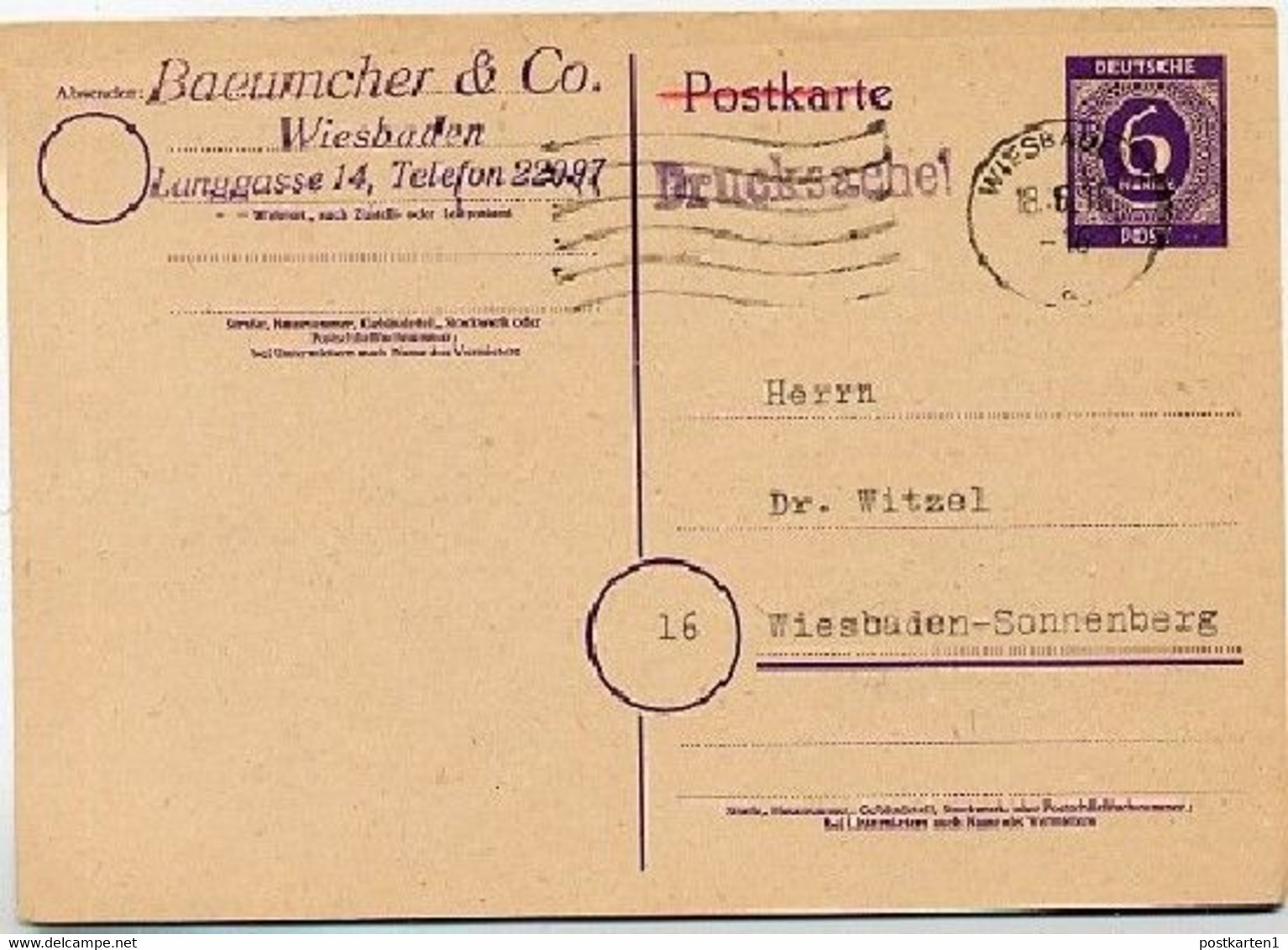 Kontrollrat P951 Postkarte Wiesbaden 18.6.1946  Kat. 20,00 € - Entiers Postaux