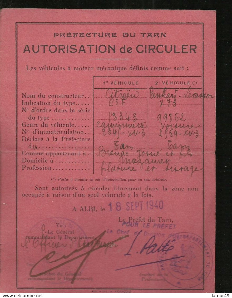 AUTORISATION DE CIRCULER          PREFECTURE DE TARN 1940 - Documenten