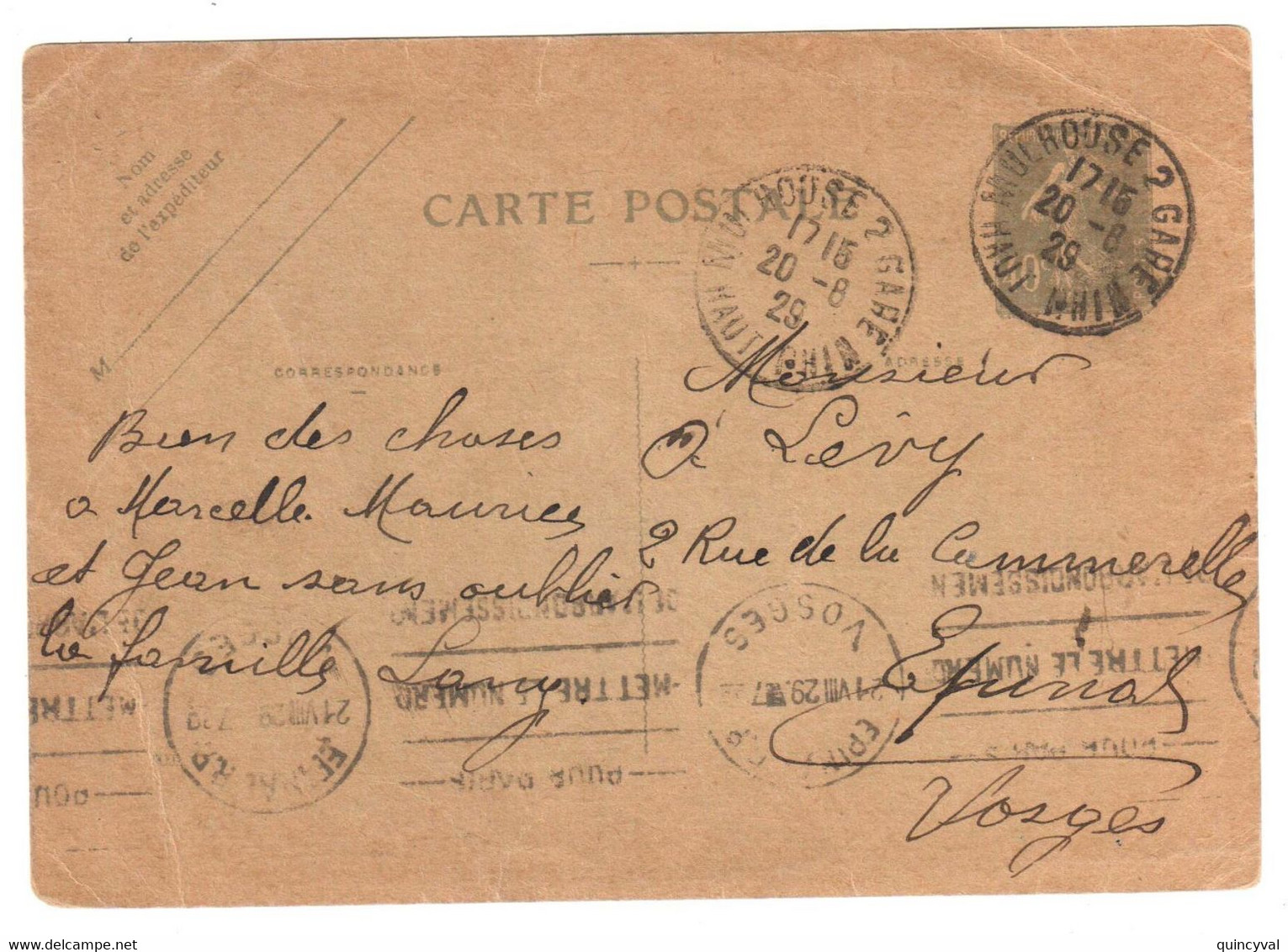 MULHOUSE 2 GARE Haut Rhin Carte Postale Entier 40c Semeuse Outremer Millésime?09 Dest Epinal Ob 1929 Yv 237-CP1 - Standard Postcards & Stamped On Demand (before 1995)