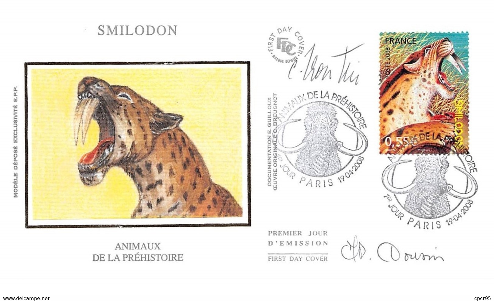 FRANCE. FDC.n°208600 .19/04/2008. Cachet Paris. Animaux De La Préhistoire. Smildon. Signé - 2000-2009