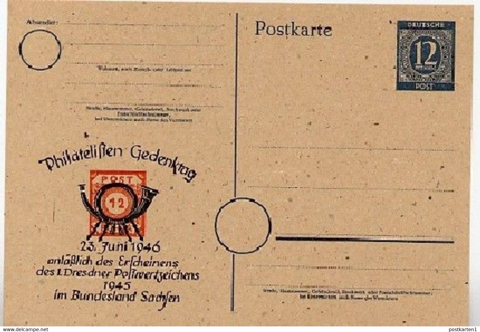 P954 ZC Postkarte Zudruck  PHILATELISTEN GEDENKTAG  Dresden 1946  Kat. 10,00 € - Postwaardestukken