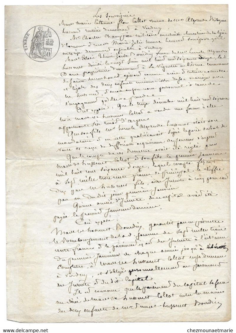 1863 - MARIE COLLOT VEUVE HUSSENET A. (VERDUN) CHARLES CHAMPION MILITAIRE RETRAITE (LEGION D HONNEUR) M. BOURDIN - ACTE - Documents Historiques