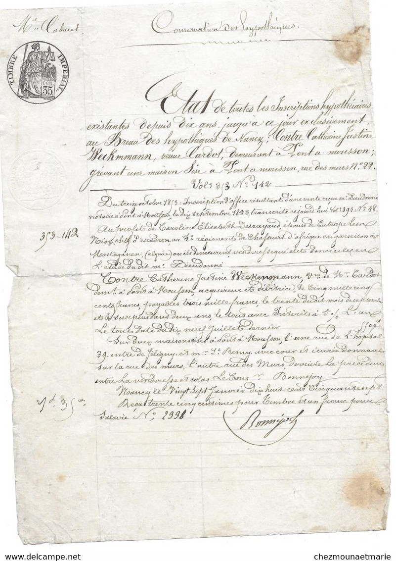 1857 NANCY - CATHERINE WECKMMANN (PONT A MOUSSON) VEUVE CARDOT - ETAT INSCRIPTIONS HYPOTHECAIRES - Documents Historiques