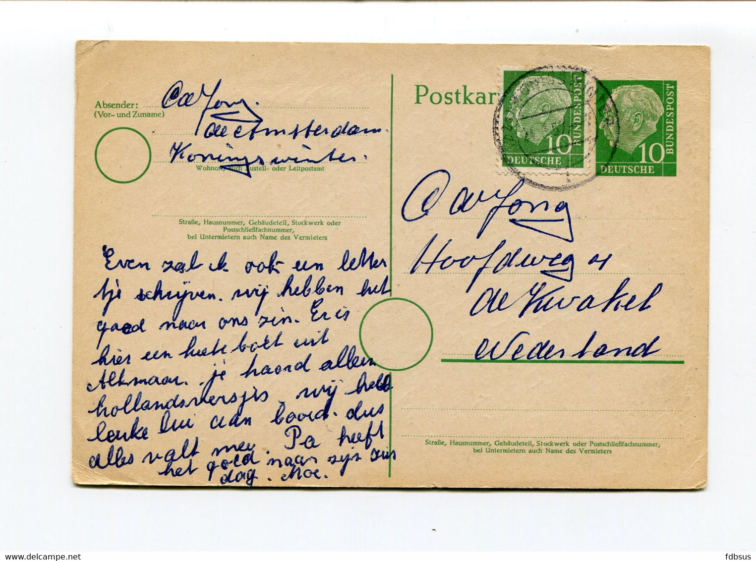 1957 Kaart Van Bemanningslid Schip Amsterdam In Koningswinter Naar De Kwakel Nederland Met Tekst In Nl - Aanvaring - Postales - Usados