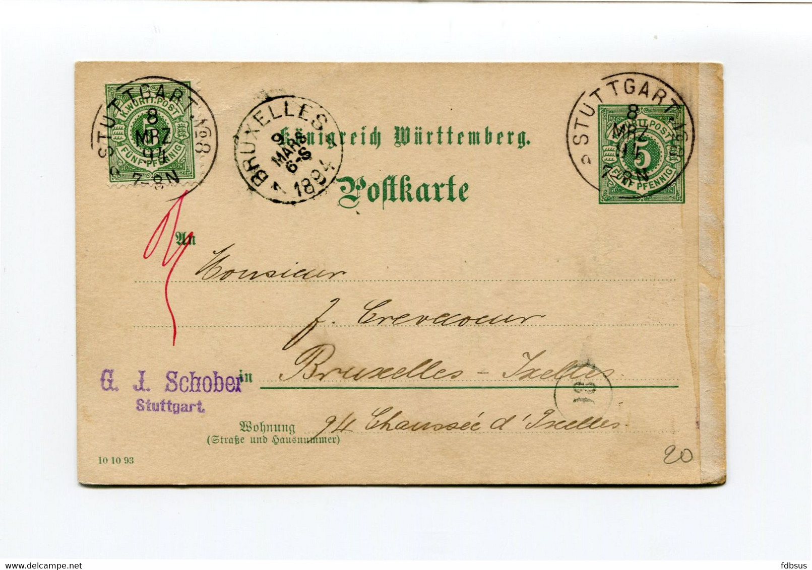 1894 5pf Kaart 10 10 93   Van G.J. SCHOBER Stuttgart Nr 8  Naar Bruxelles 1 - Zie Stempels - Enteros Postales